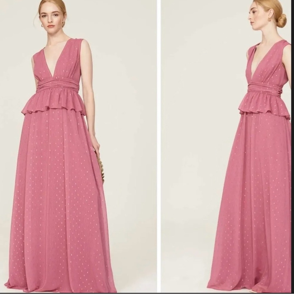 Anthropologie LDT Pink Chiffon Peplum Gown Embroidered Peplum Maxi Dress Size 0